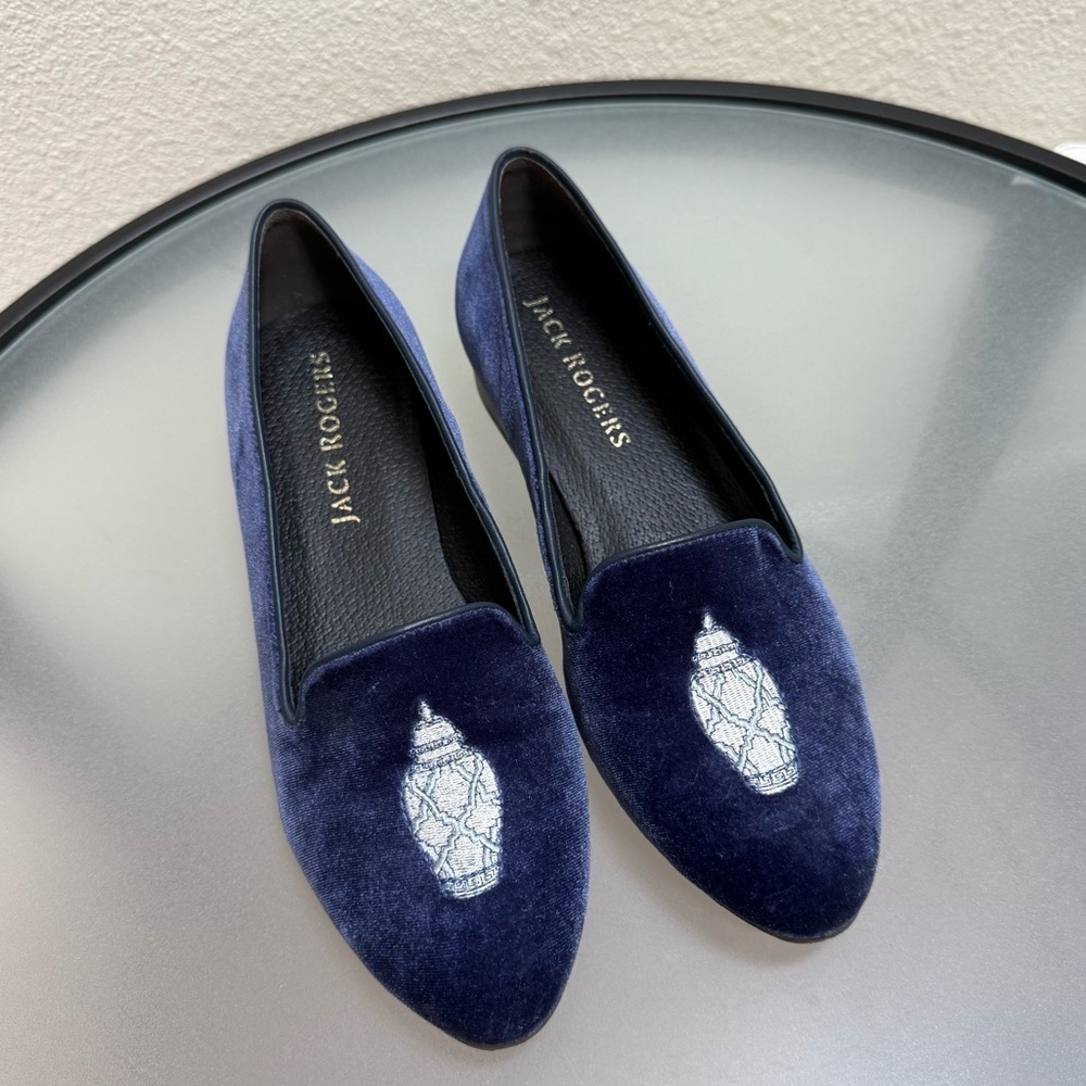 Jack Rogers Blue Velvet Suede Loafers Flats with Embroidered Design Size 8.5